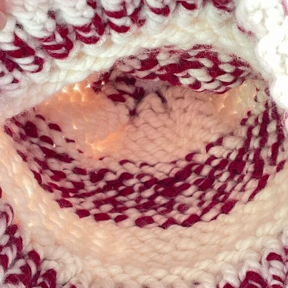 Hand Knit Girls Striped Maroon and Off White Winter Beanie Hat - Picture 2 of 2